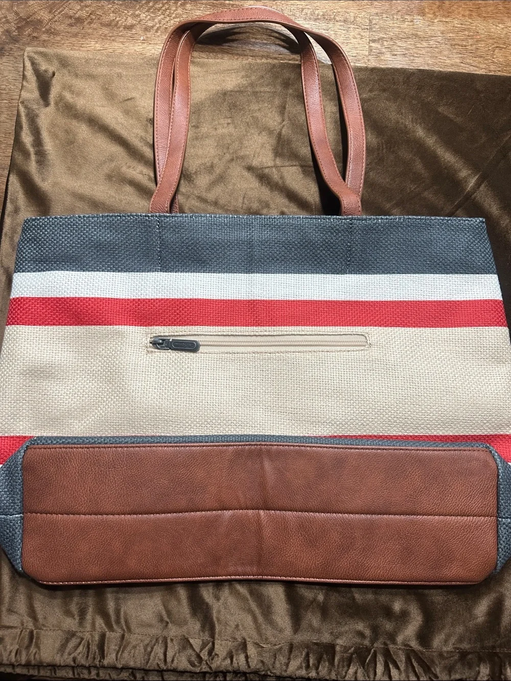 Wrangler Striped Canvas Tote in Cream, Blue and Red with Brown Handles